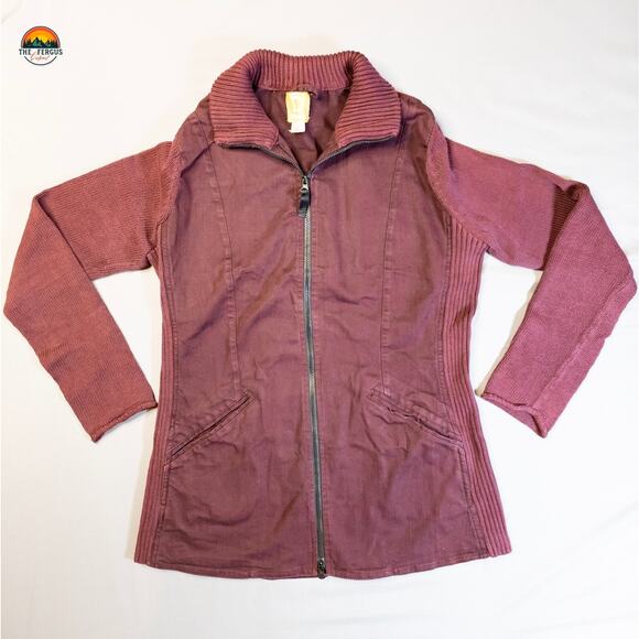 Damask Full-Zip Jacket Maroon Long Sleeve Knit Canvas Cottage Women's Size Small - Picture 1 of 11